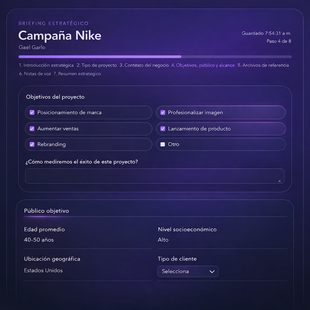 Vista real del briefing inteligente en Creative OS