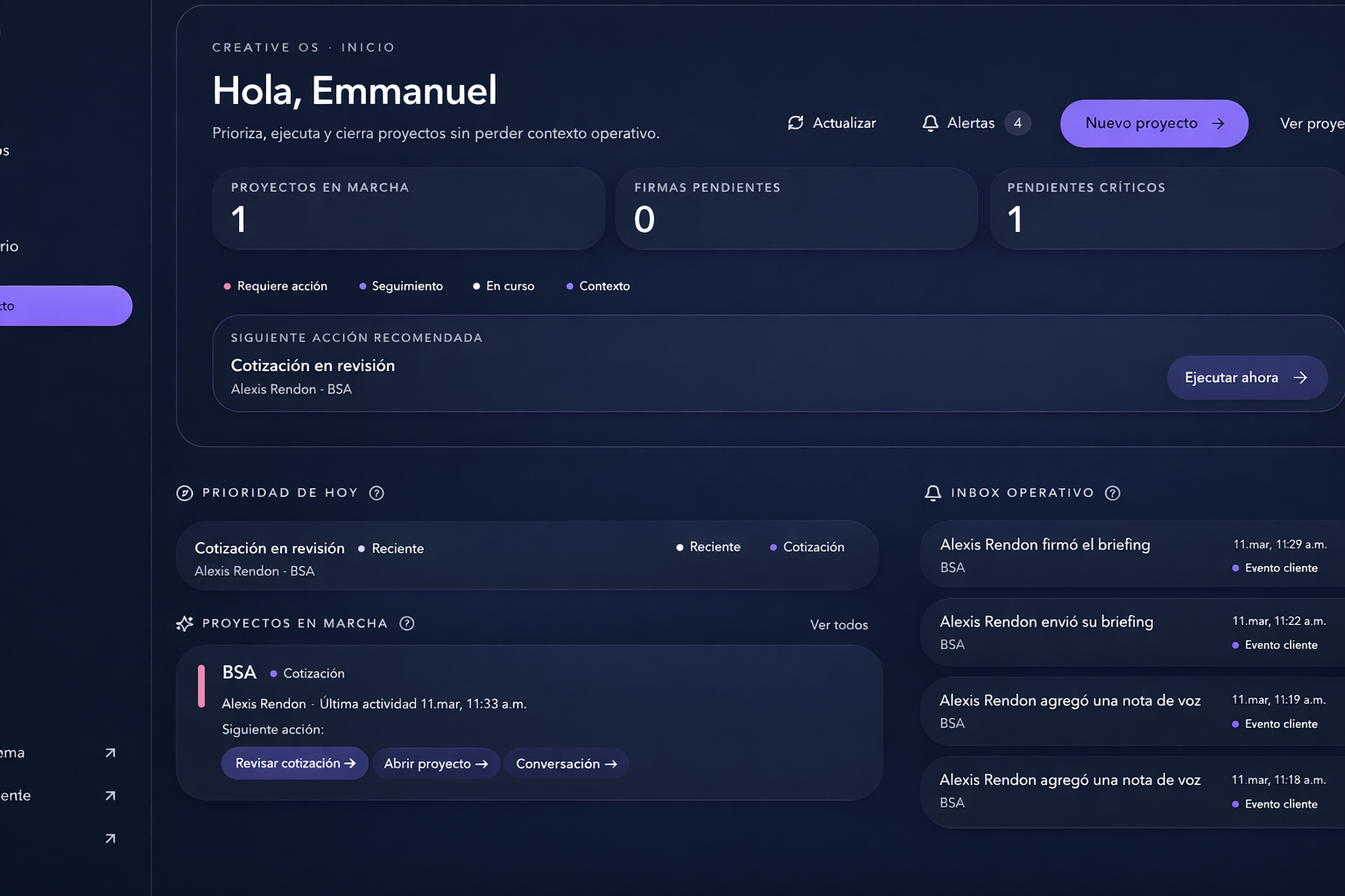 Vista real del dashboard operativo en Creative OS