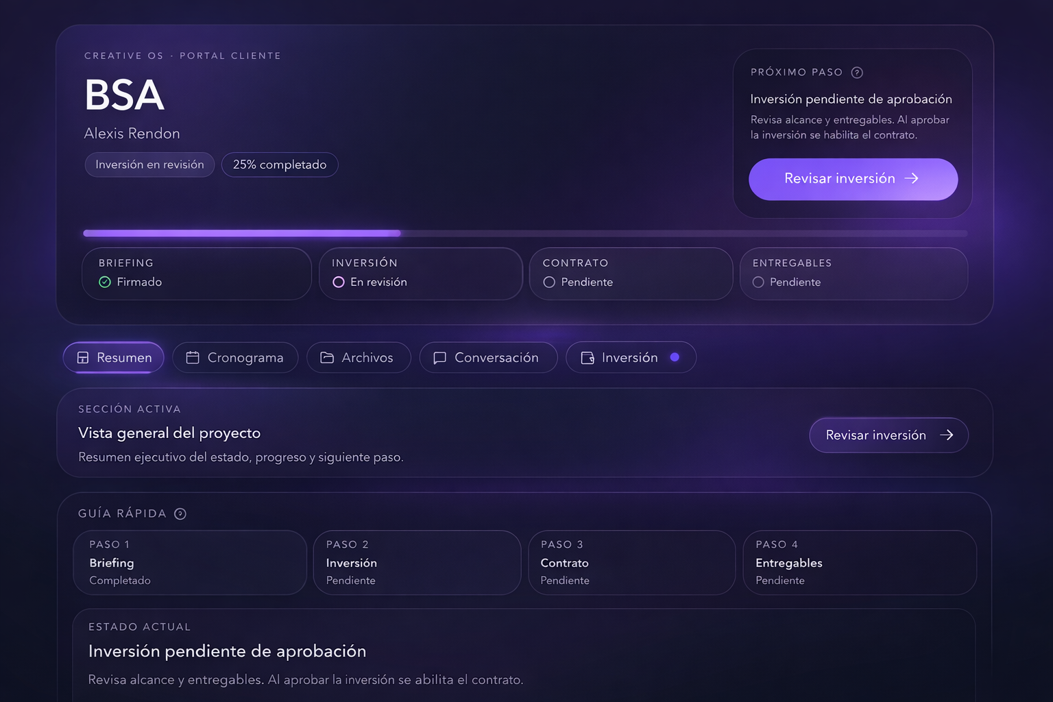 Vista real del portal cliente en Creative OS